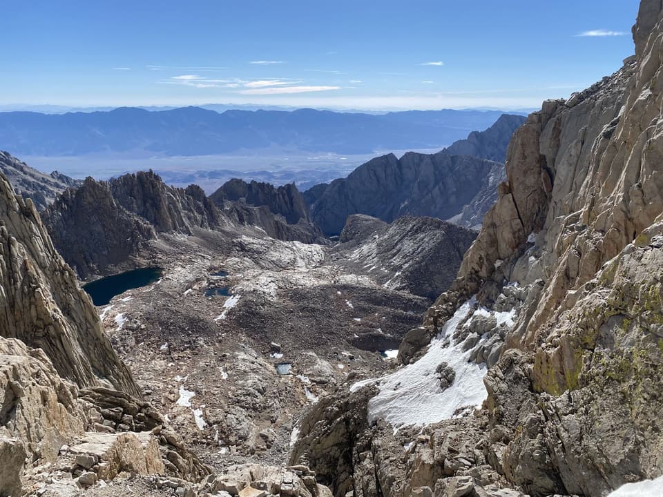 The view down the Whitney switchbacks to Guitar Lake and the snow chutes