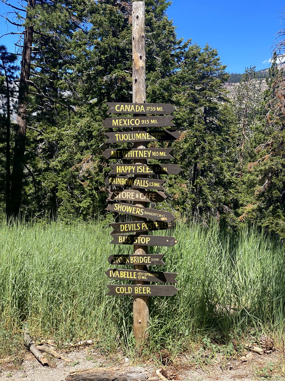 the mileage sign at Red's Meadow