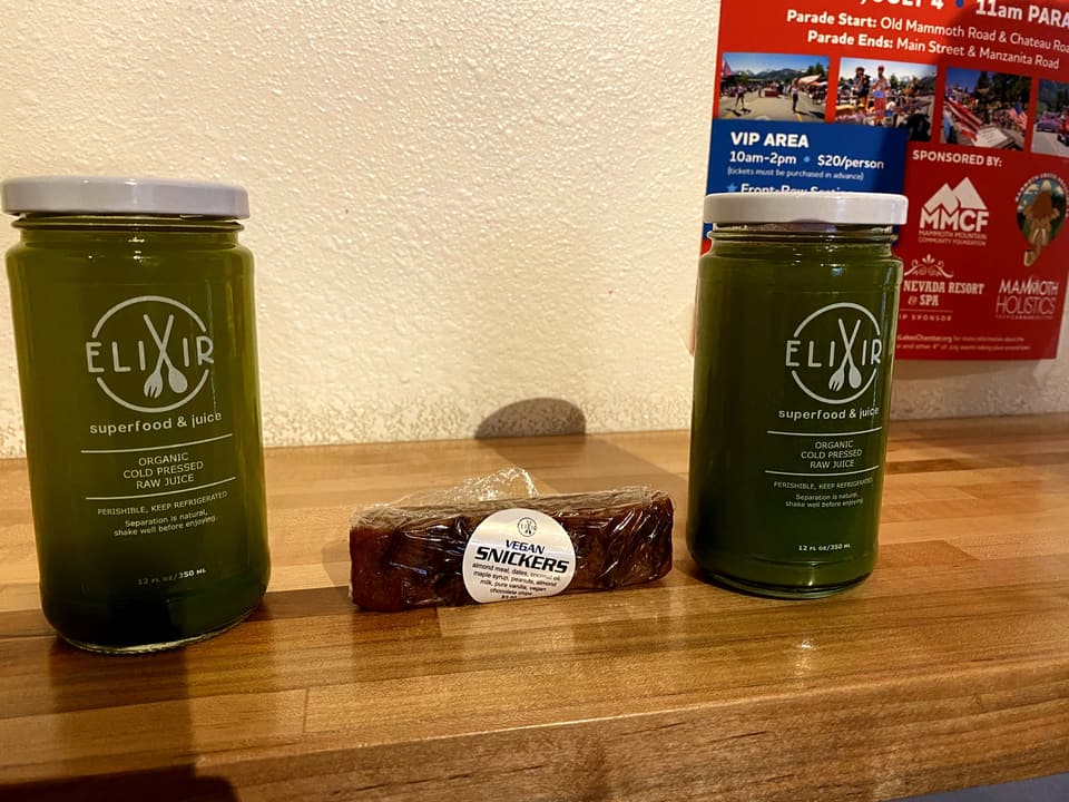 green juices and a vegan bar from Elixir