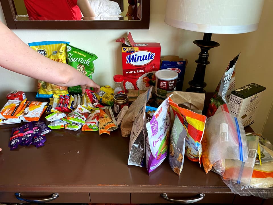 the Mammoth resupply spread across a motel dresser