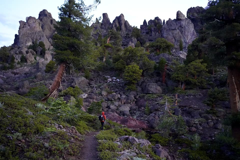 volcanic spires above the trail at dawn, day 66