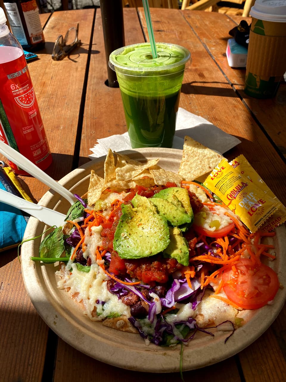 a vegan plate with a green juice in South Lake Tahoe
