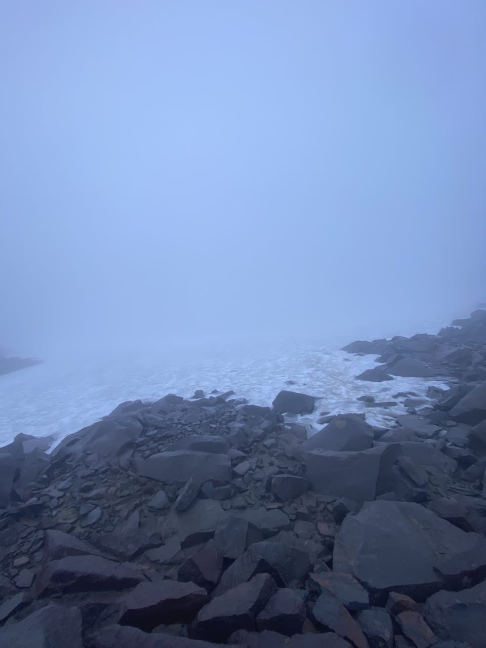 Goat Rocks: the Knife’s Edge snowfield in cloud, day 115