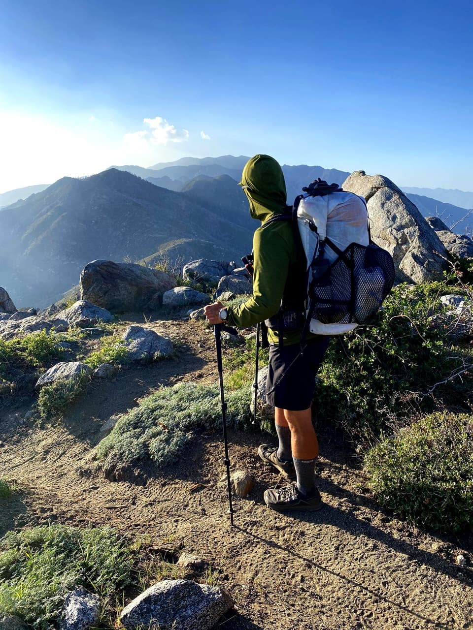 Atlas with a white pack on a sunlit ridge above Idyllwild