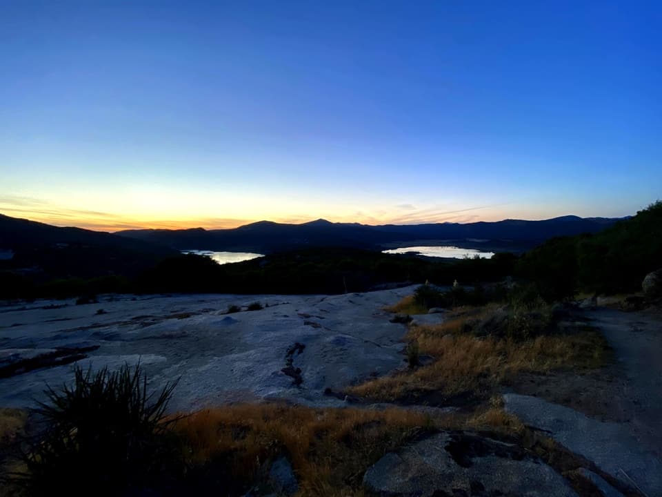 sunset over Lake Morena from granite slabs at the end of day one