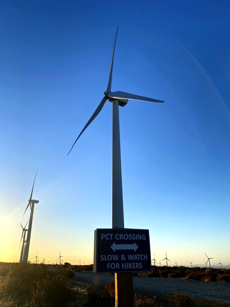 a PCT crossing road sign beneath a wind turbine