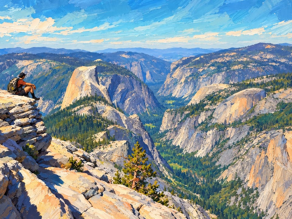 Painted-style hiker sitting on the edge of Clouds Rest