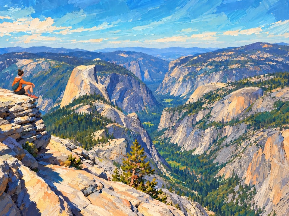 Painted-style woman hiker sitting on the edge of Clouds Rest