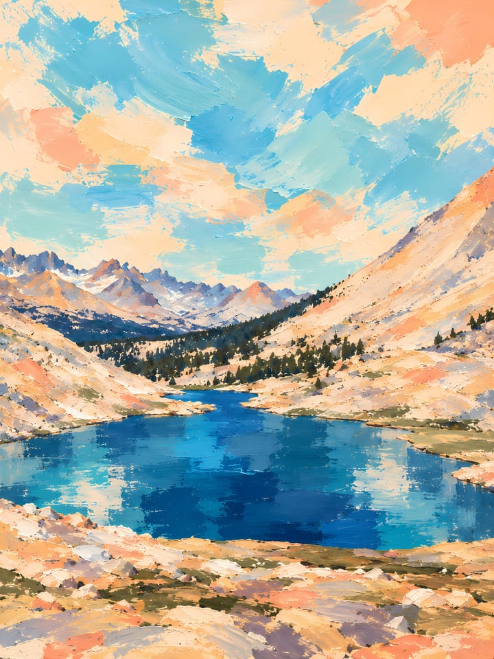 Painted-style Guitar Lake, a dark blue lake in a granite basin