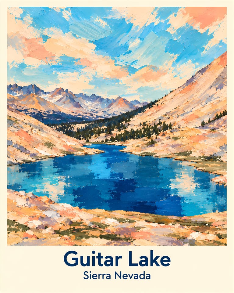 Guitar Lake place-name poster with a cream border