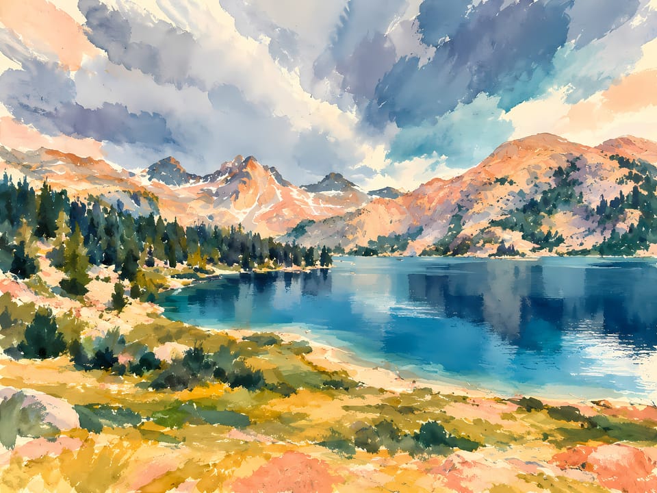 Painted-style Rae Lakes with granite peaks above a blue lake