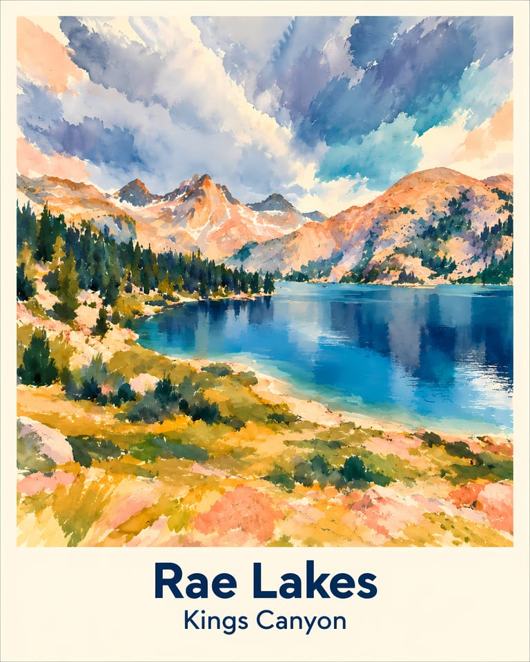 Rae Lakes place-name poster with a cream border
