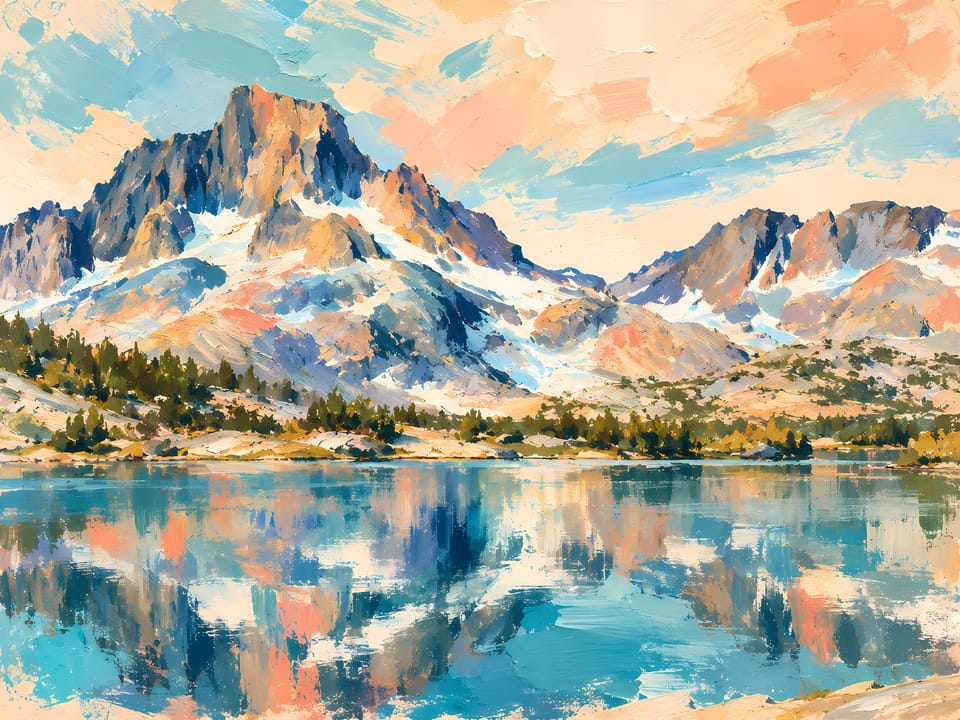 Painted-style Thousand Island Lake with Banner Peak and its reflection