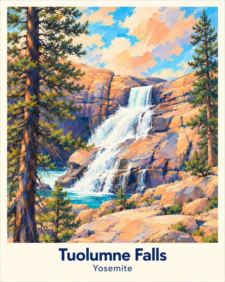 Tuolumne Falls place-name poster with a cream border