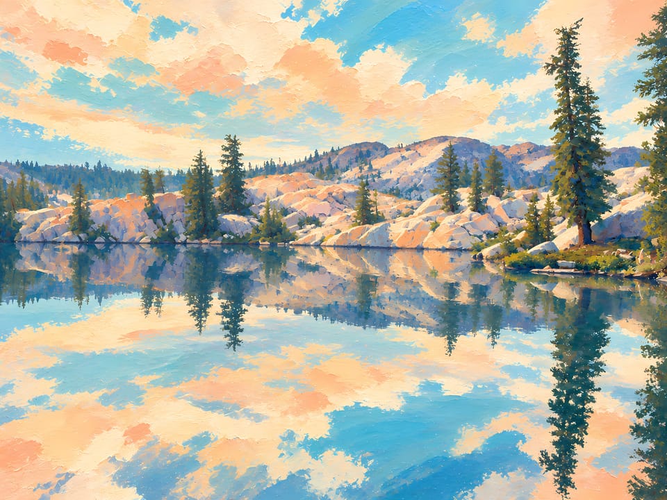 Painted-style pond in northern Yosemite reflecting the sky and trees