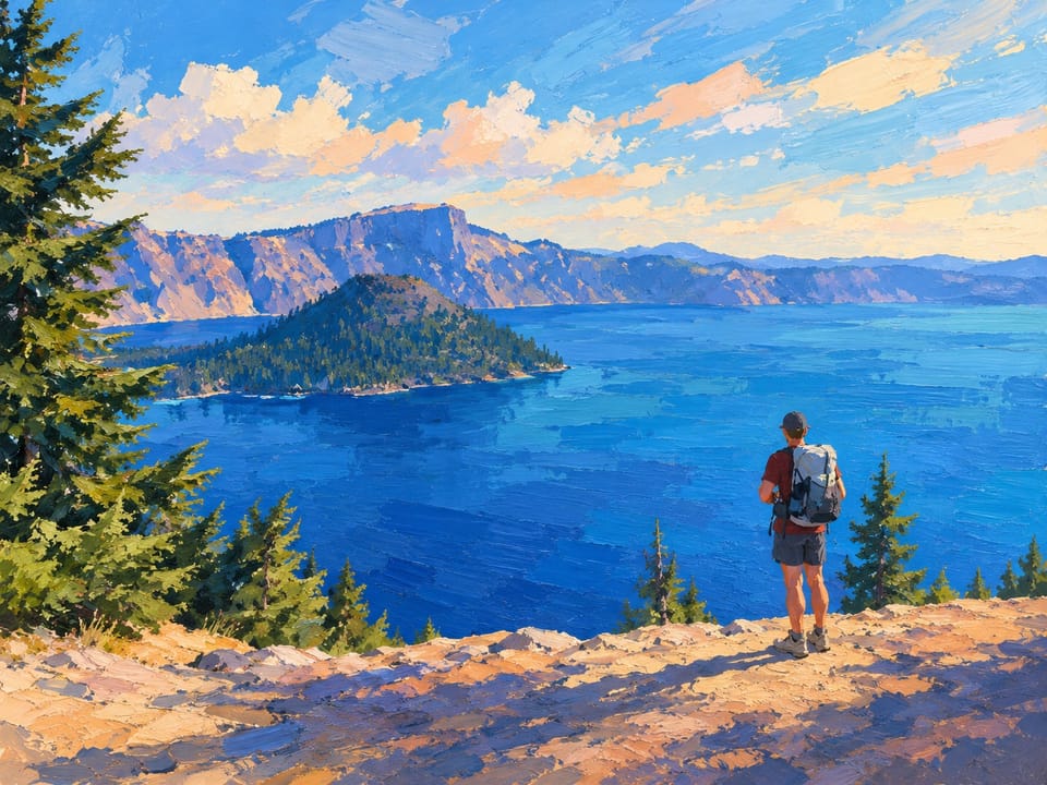 Painted-style hiker on the Crater Lake rim above Wizard Island
