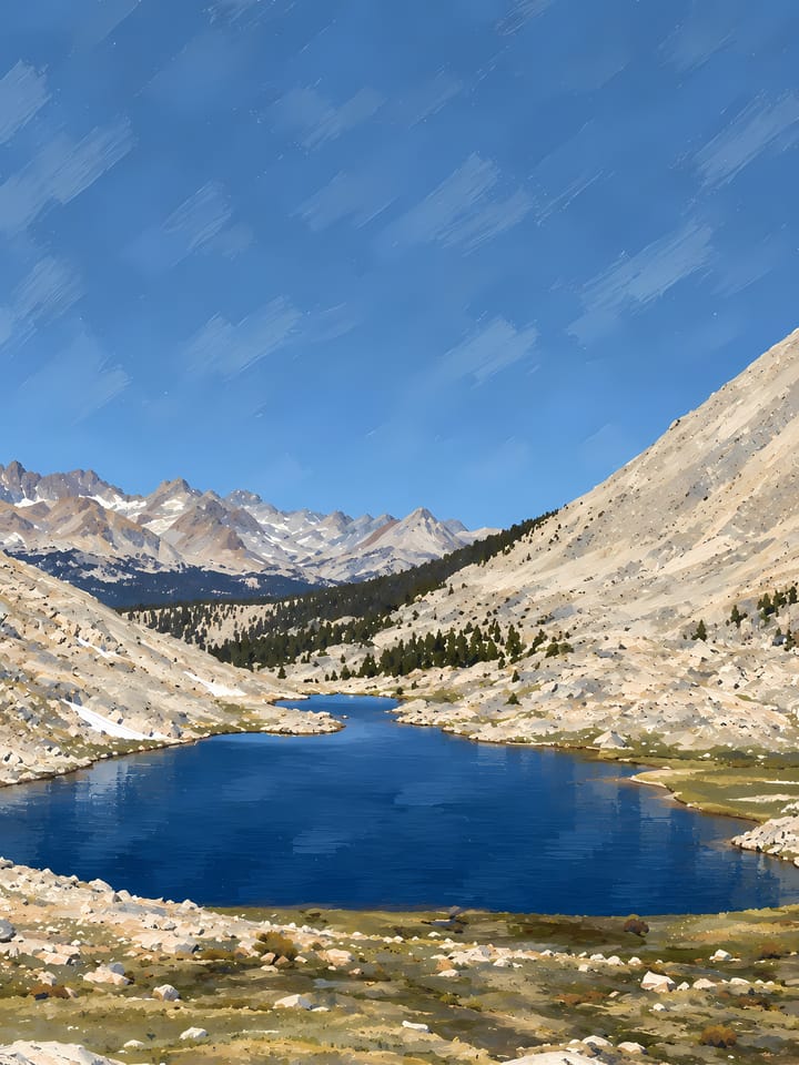 Guitar Lake in a gouache-style painting, without text