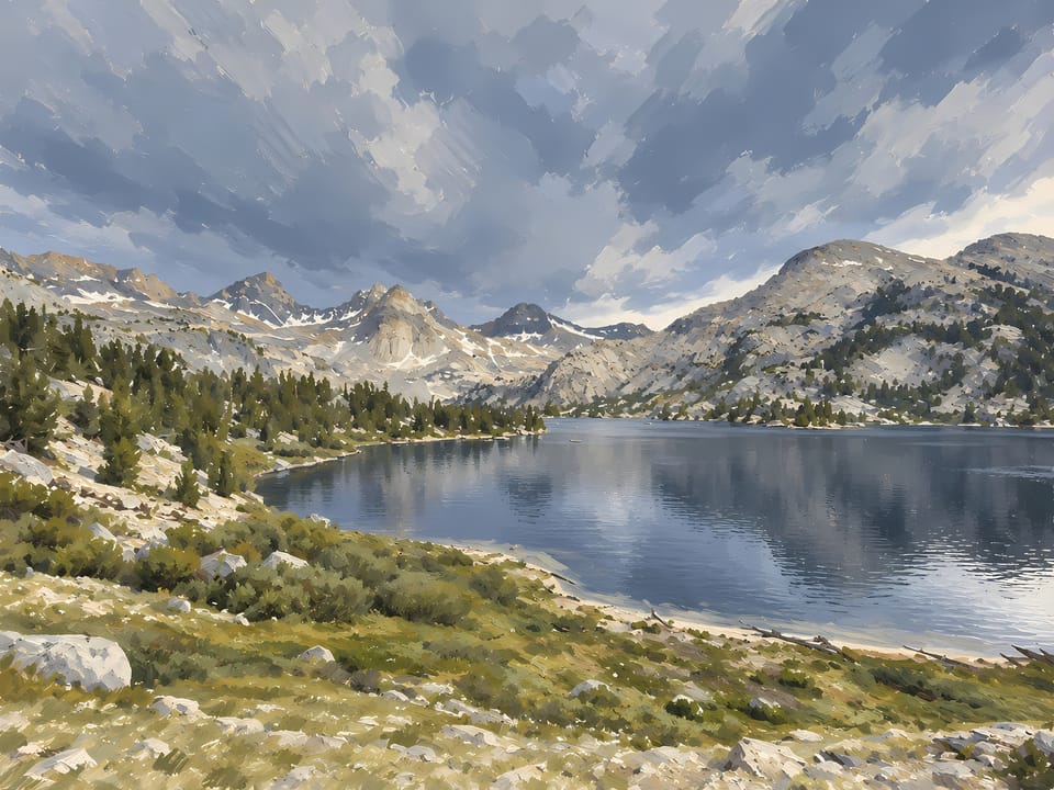 Rae Lakes in a gouache-style painting, without text