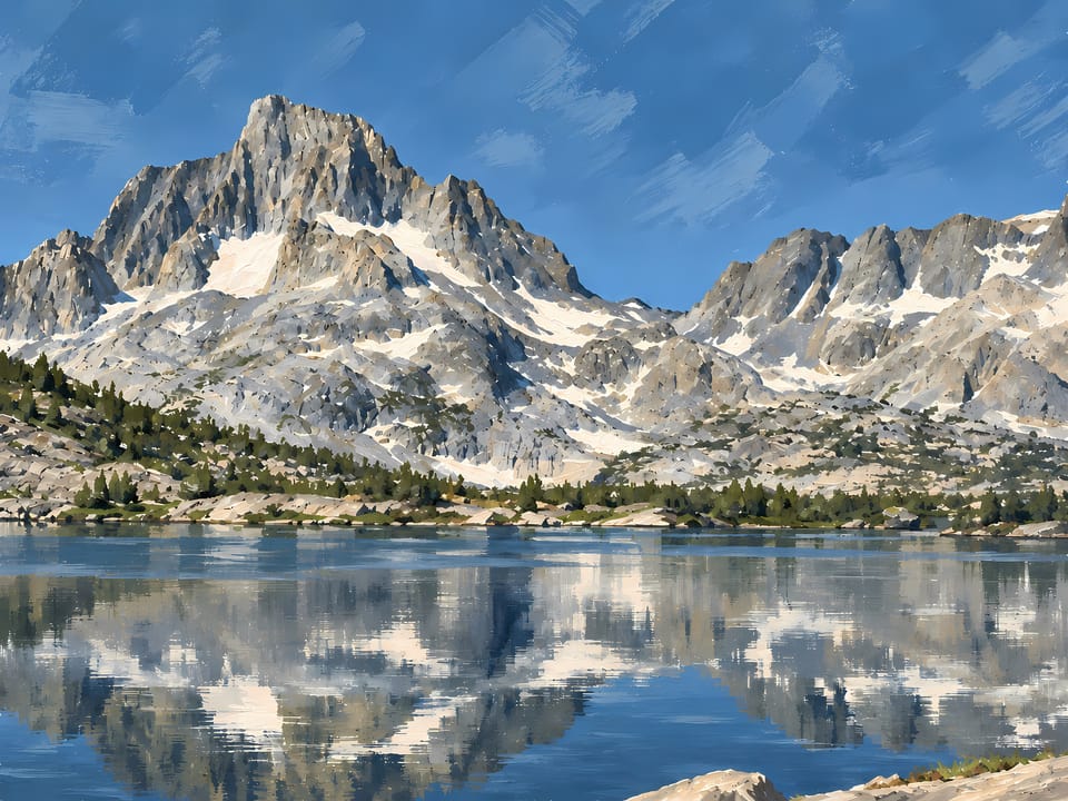Thousand Island Lake in a gouache-style painting, without text