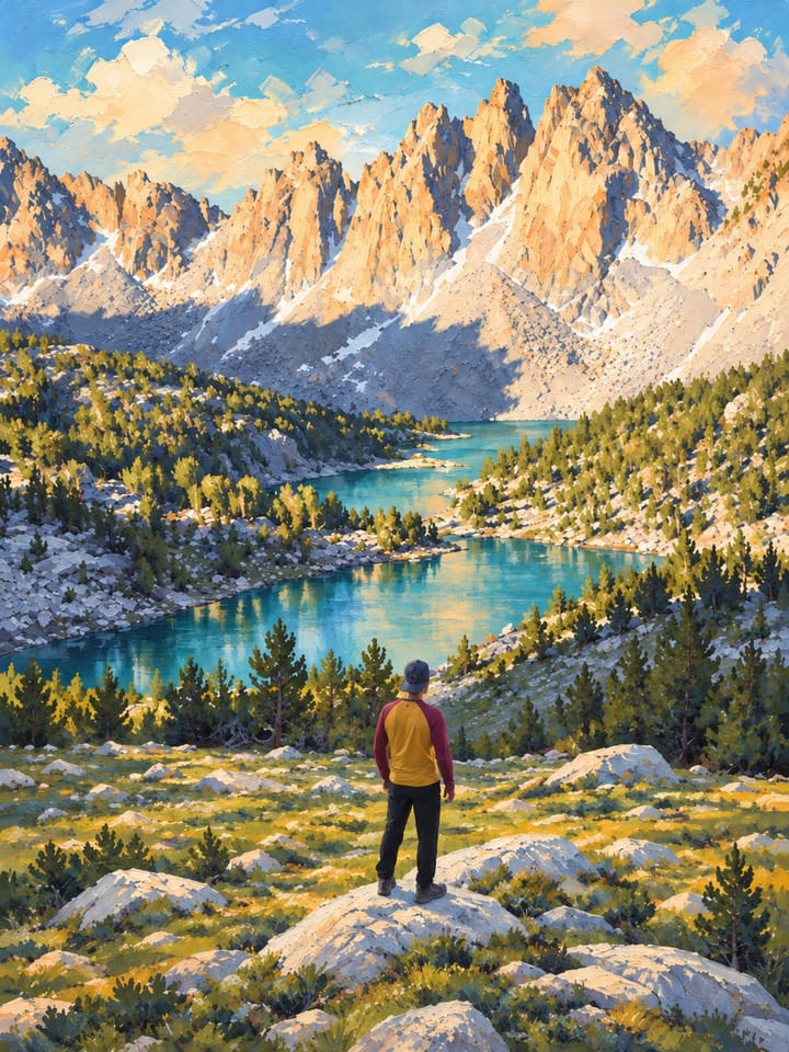 Painted-style hiker looking at the Kearsarge Pinnacles