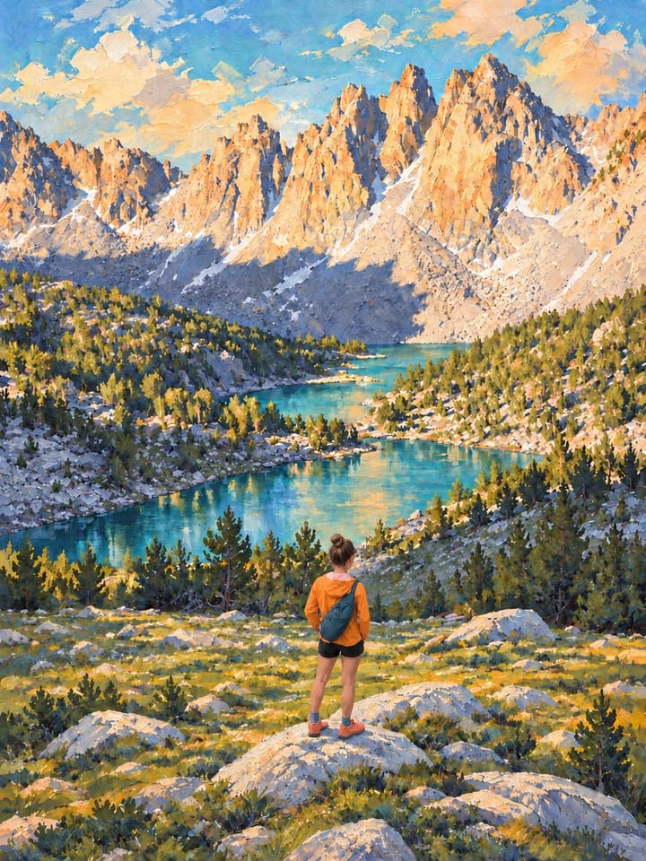 Painted-style woman hiker looking at the Kearsarge Pinnacles