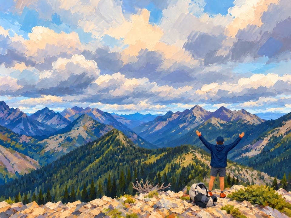 Painted-style hiker with arms raised on a North Cascades summit
