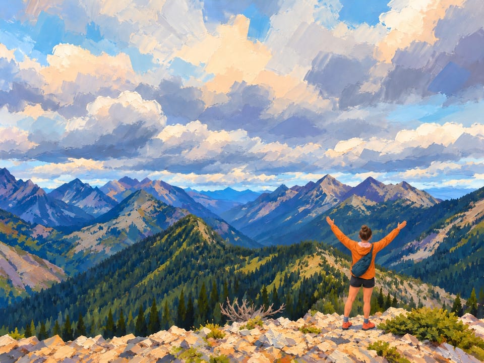 Painted-style woman hiker with arms raised on a North Cascades summit
