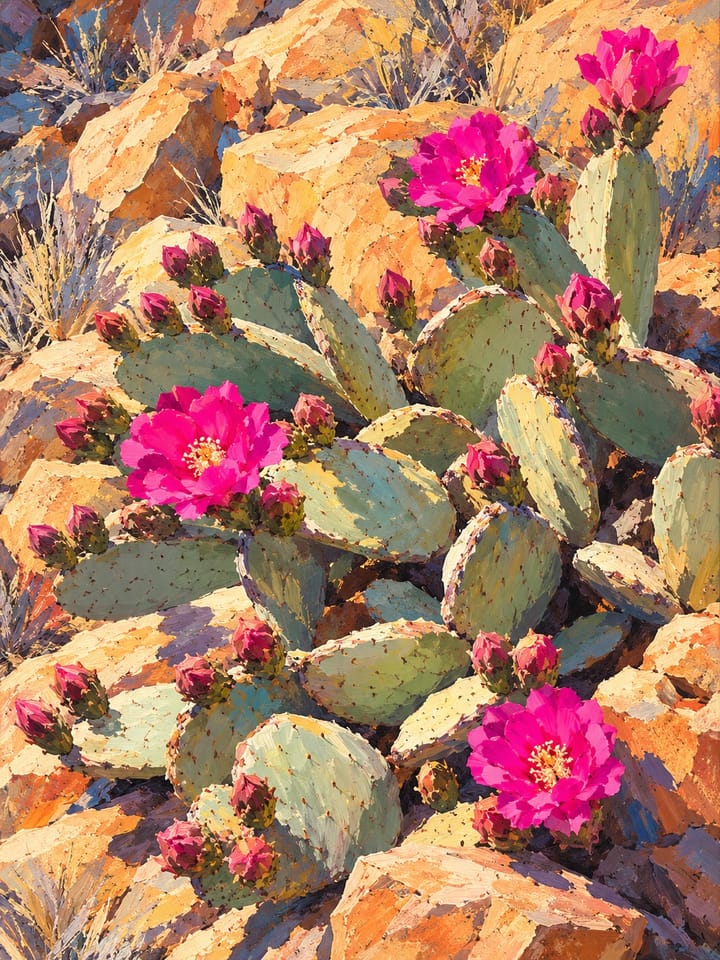 Painted-style beavertail cactus in bloom in the desert