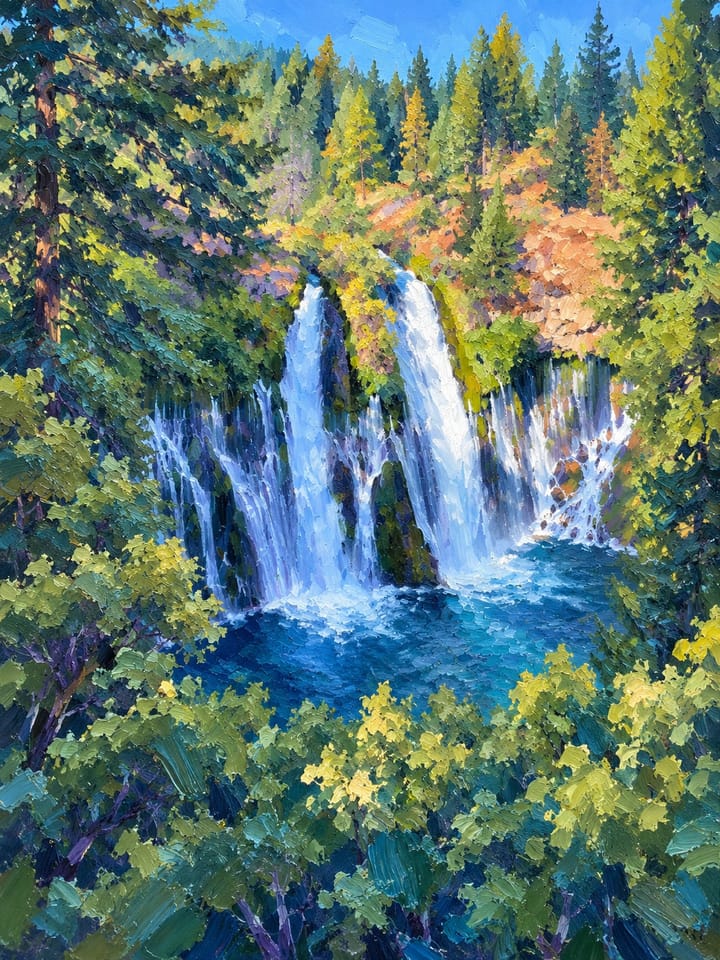 Painted-style Burney Falls pouring into a blue pool between pines