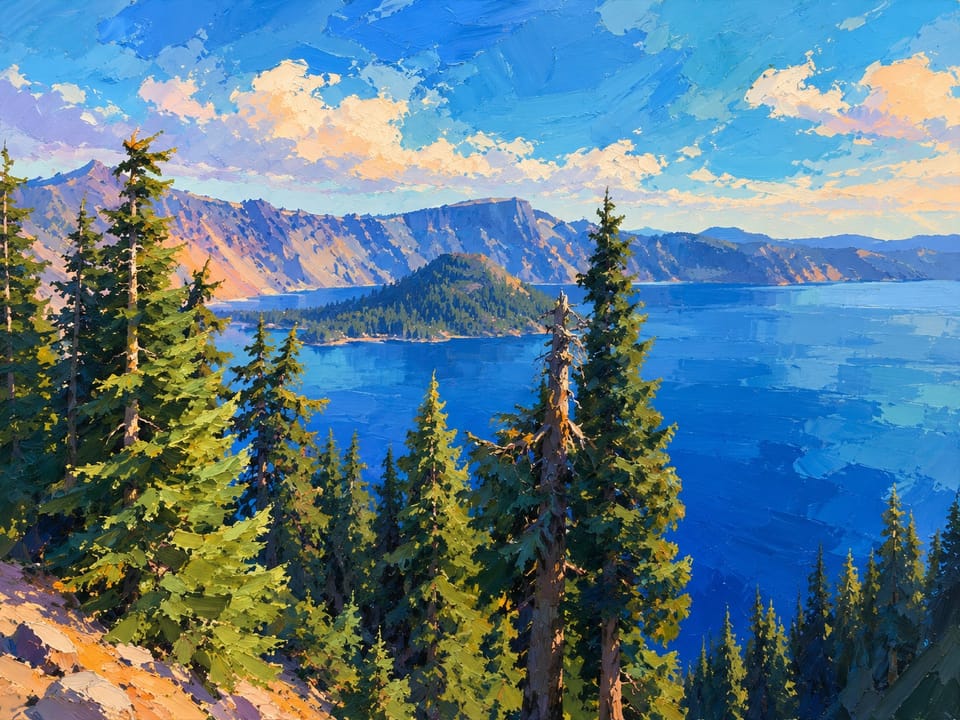 Painted-style Crater Lake with Wizard Island