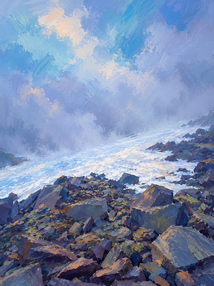 Painted-style clouds blowing over rocks in the Goat Rocks
