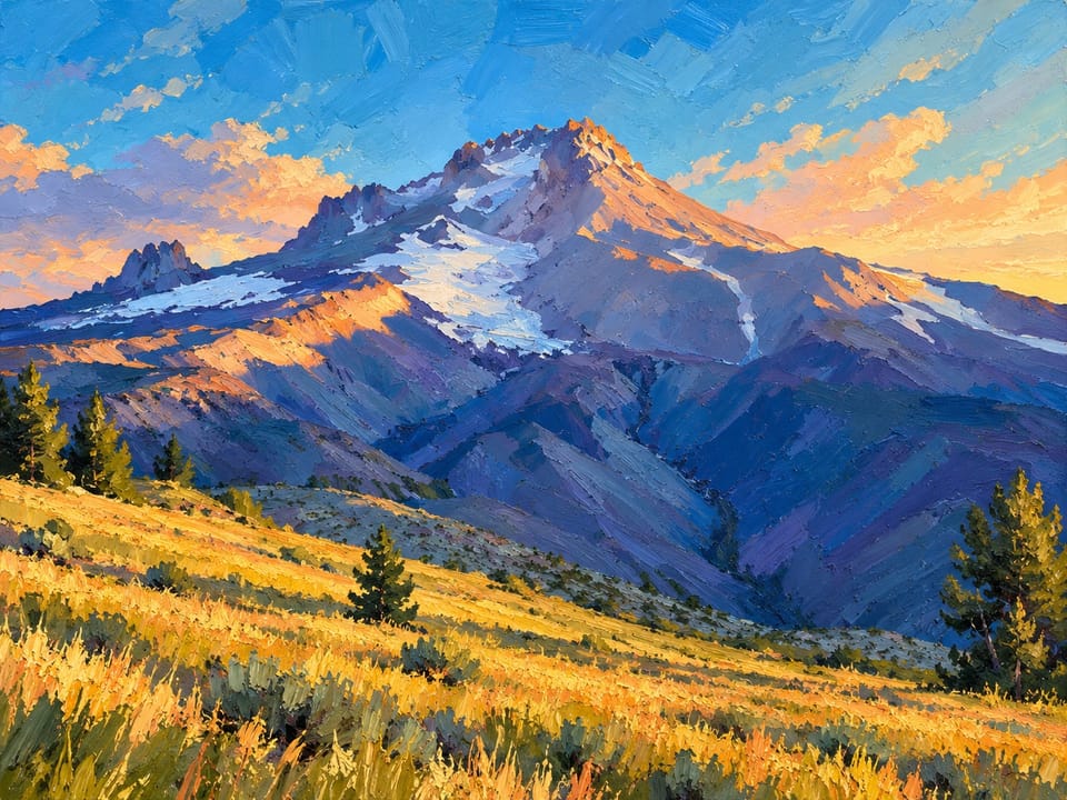 Painted-style snowy Mount Hood above a golden slope