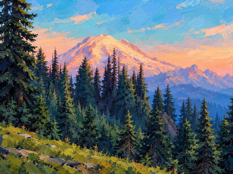 Painted-style pink-lit Mount Rainier above dark pines