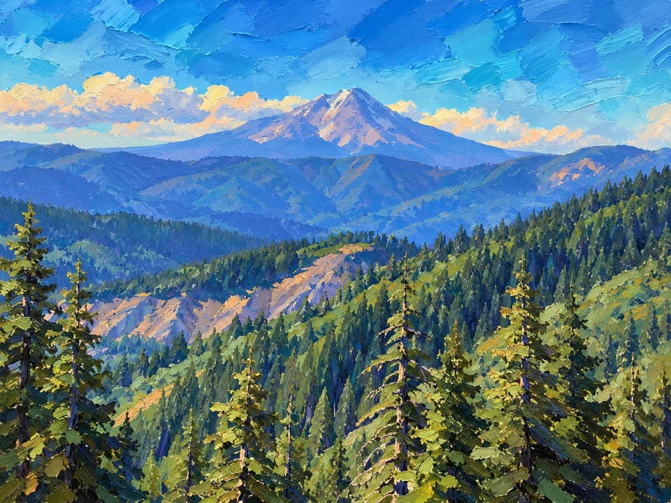 Painted-style Mount Shasta over a long green ridge