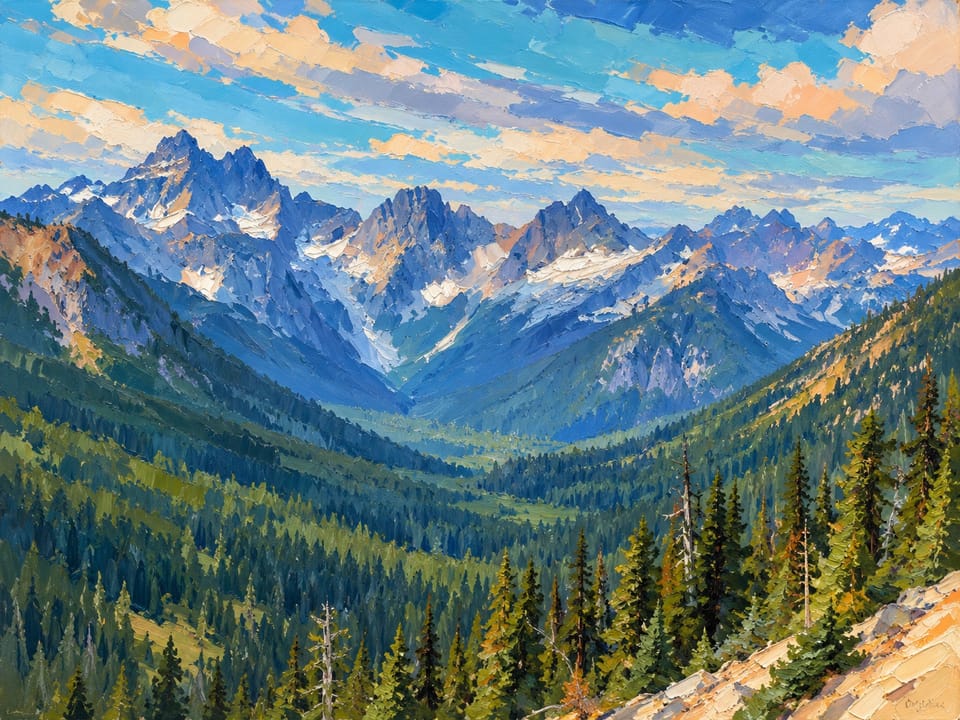 Painted-style jagged North Cascades peaks above a green valley
