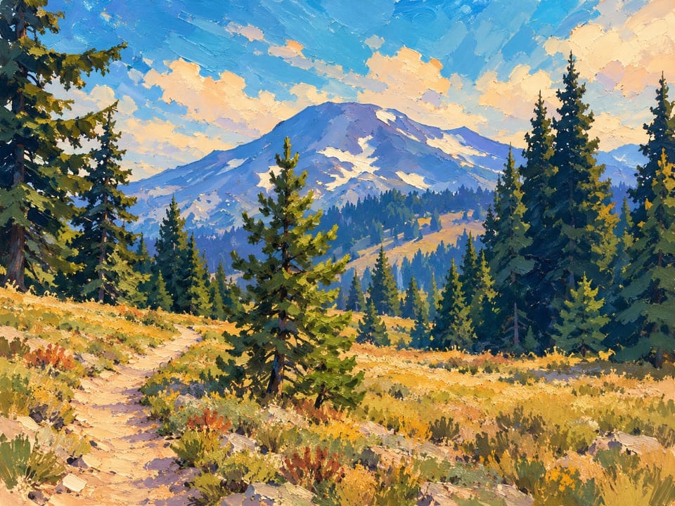 Painted-style South Sister above a trail through a golden meadow