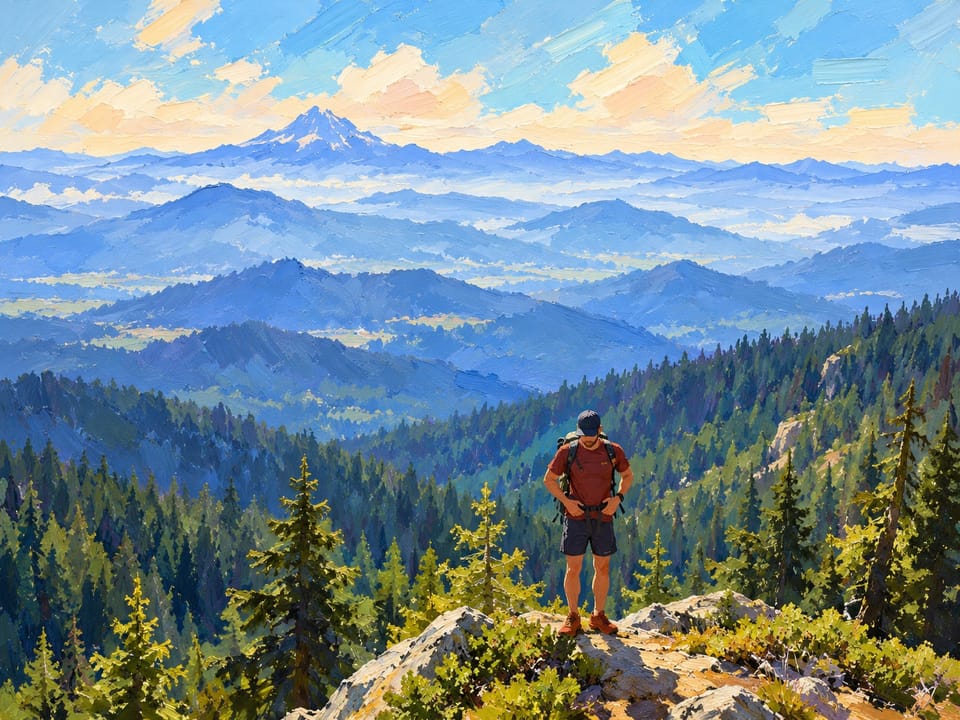 Painted-style hiker on a rock looking across ridges to Mount Shasta