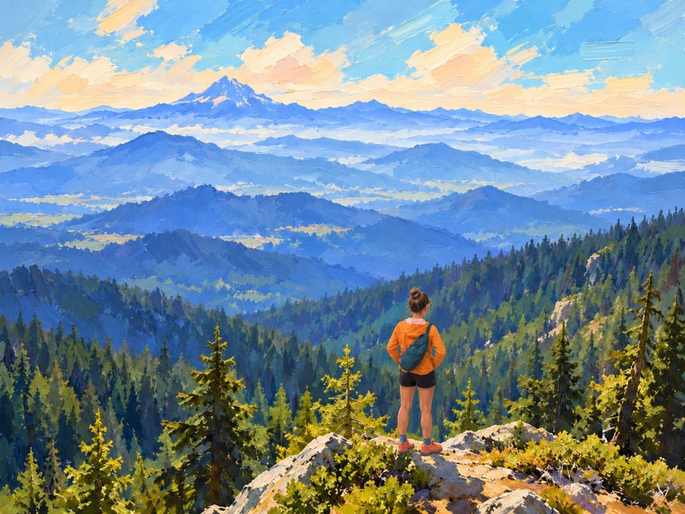 Painted-style woman hiker on a rock looking across ridges to Mount Shasta