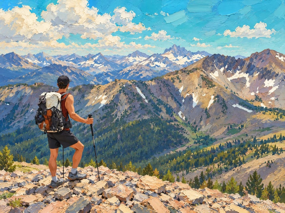 Painted-style hiker above snowy Sierra ridges