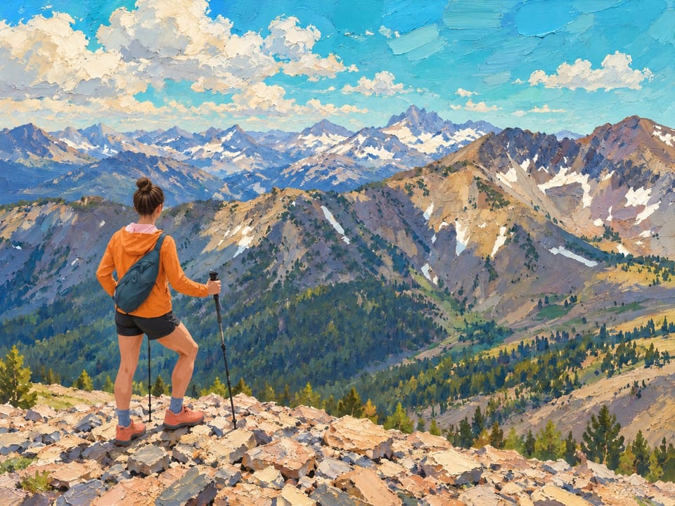 Painted-style woman hiker above snowy Sierra ridges